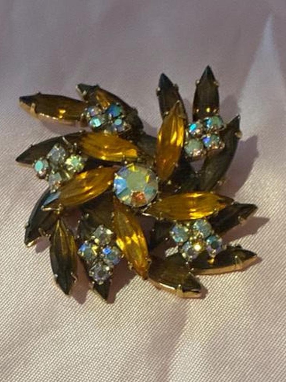 Vintage-Inspired Amber and Aurora Rhinestone Floral Brooch - Women Jewelry